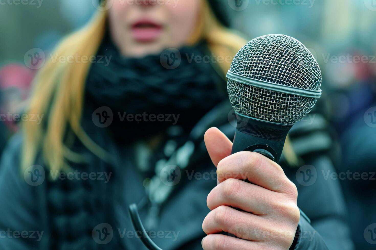 ai generato donna reporter con un' microfono a opera. ai generato, umano migliorata foto