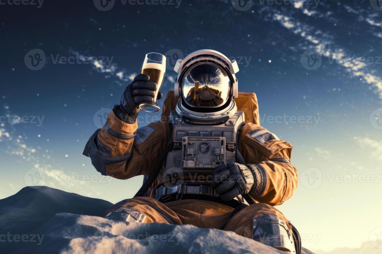 ai generato astronauta seduta su il Luna potabile birra, generativo ai foto