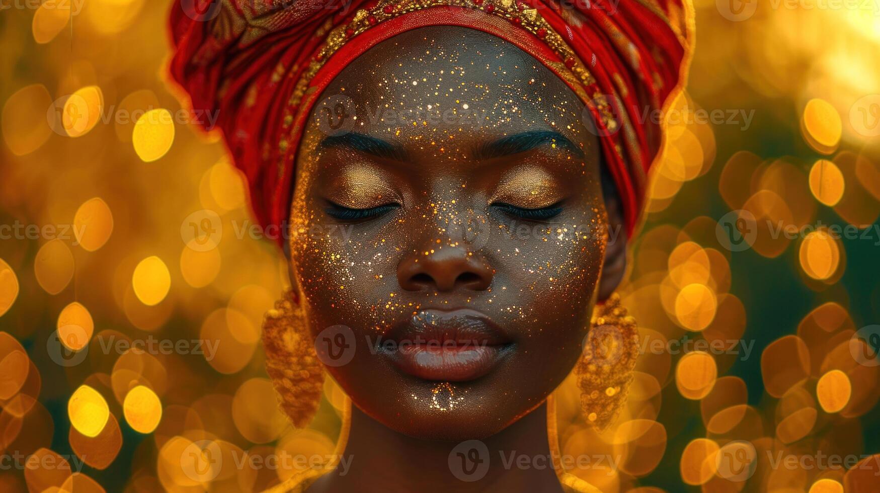 ai generato avvicinamento ritratto di un' bellissimo africano donna con d'oro luccichio su sua viso foto