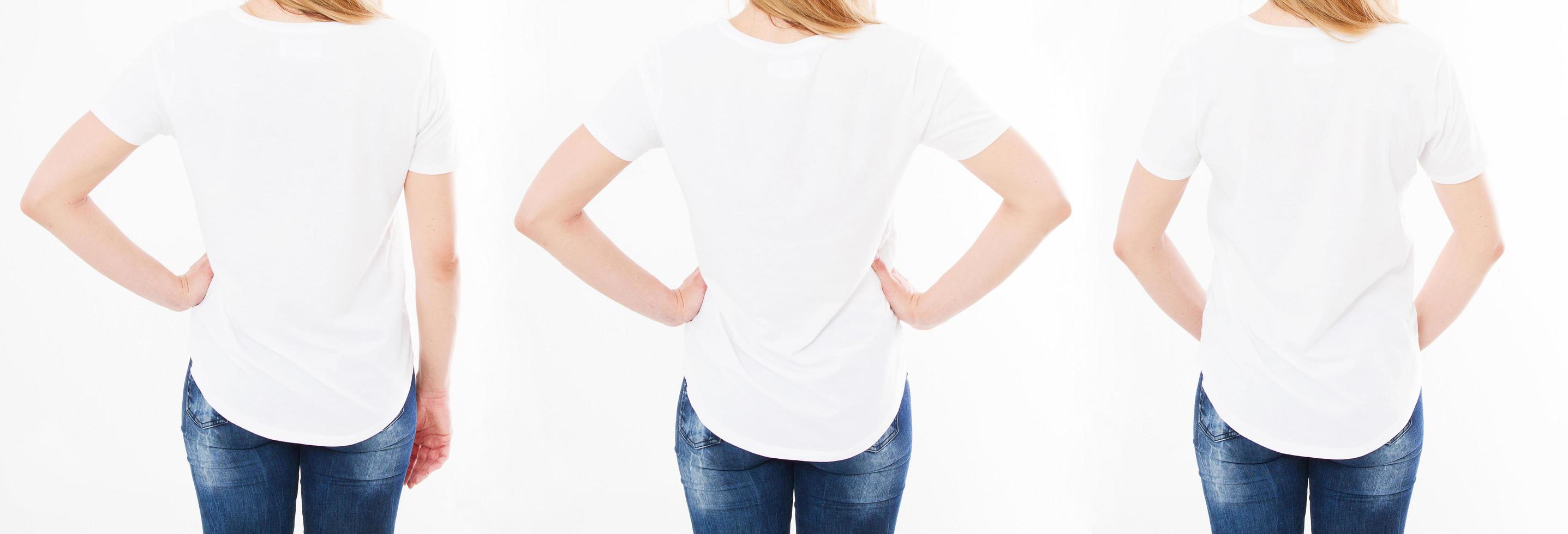 vista posteriore set t-shirt donna isolata su sfondo bianco, mock up foto