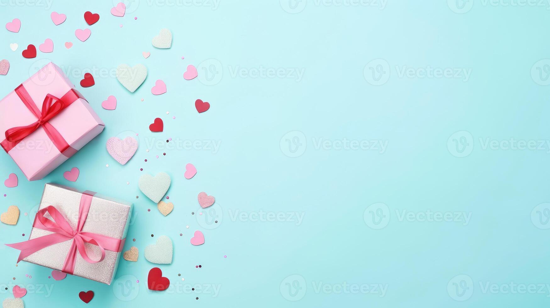 ai generato piatto posizione, superiore Visualizza di regalo scatola e cuore coriandoli su pastello blu sfondo con copia spazio San Valentino foto