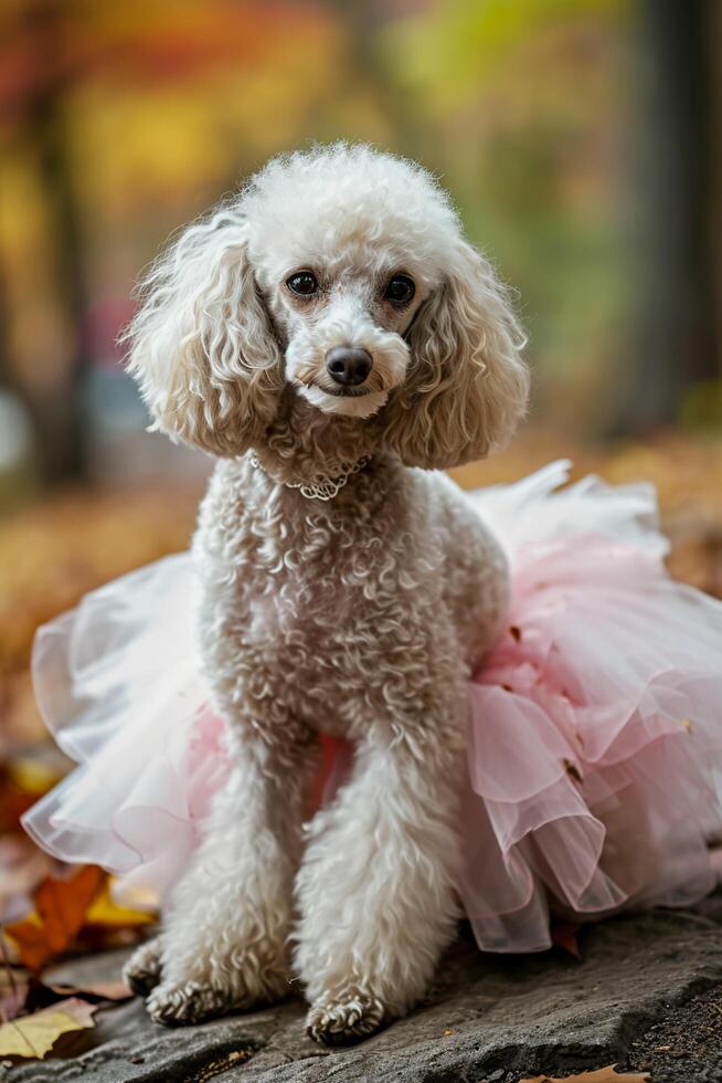 ai generato tutu volteggi barboncino fascino scatenato nel il parco foto