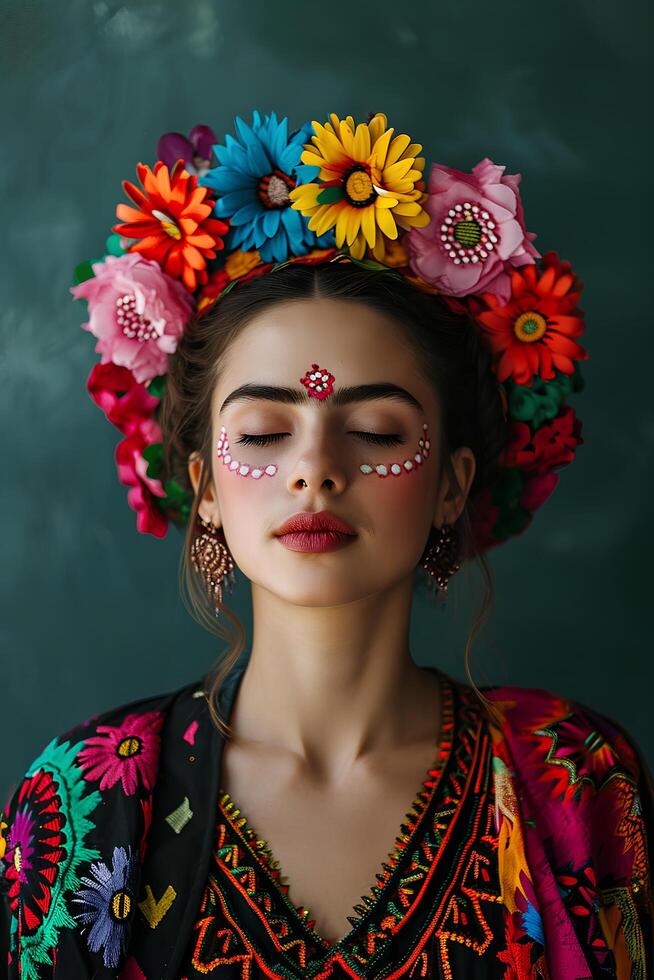 ai generato radiante eleganza donna nel colorato messicano ispirato abbigliamento foto