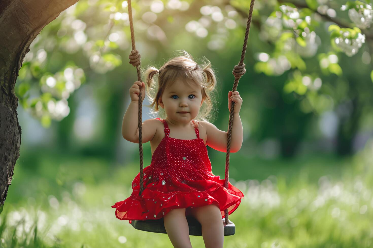 ai generato primavera elegante adorabile bambino piccolo nel un elegante rosso floreale vestito foto
