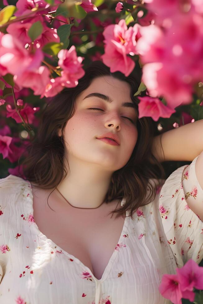 ai generato fioritura eleganza primavera bellezza bandiera con donna in mezzo bouganville foto