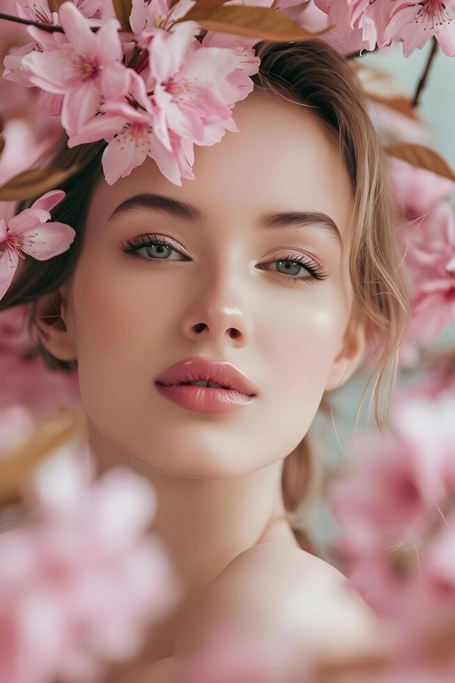 ai generato primavera fioritura bellezza donna nel pastello rosa floreale bandiera foto