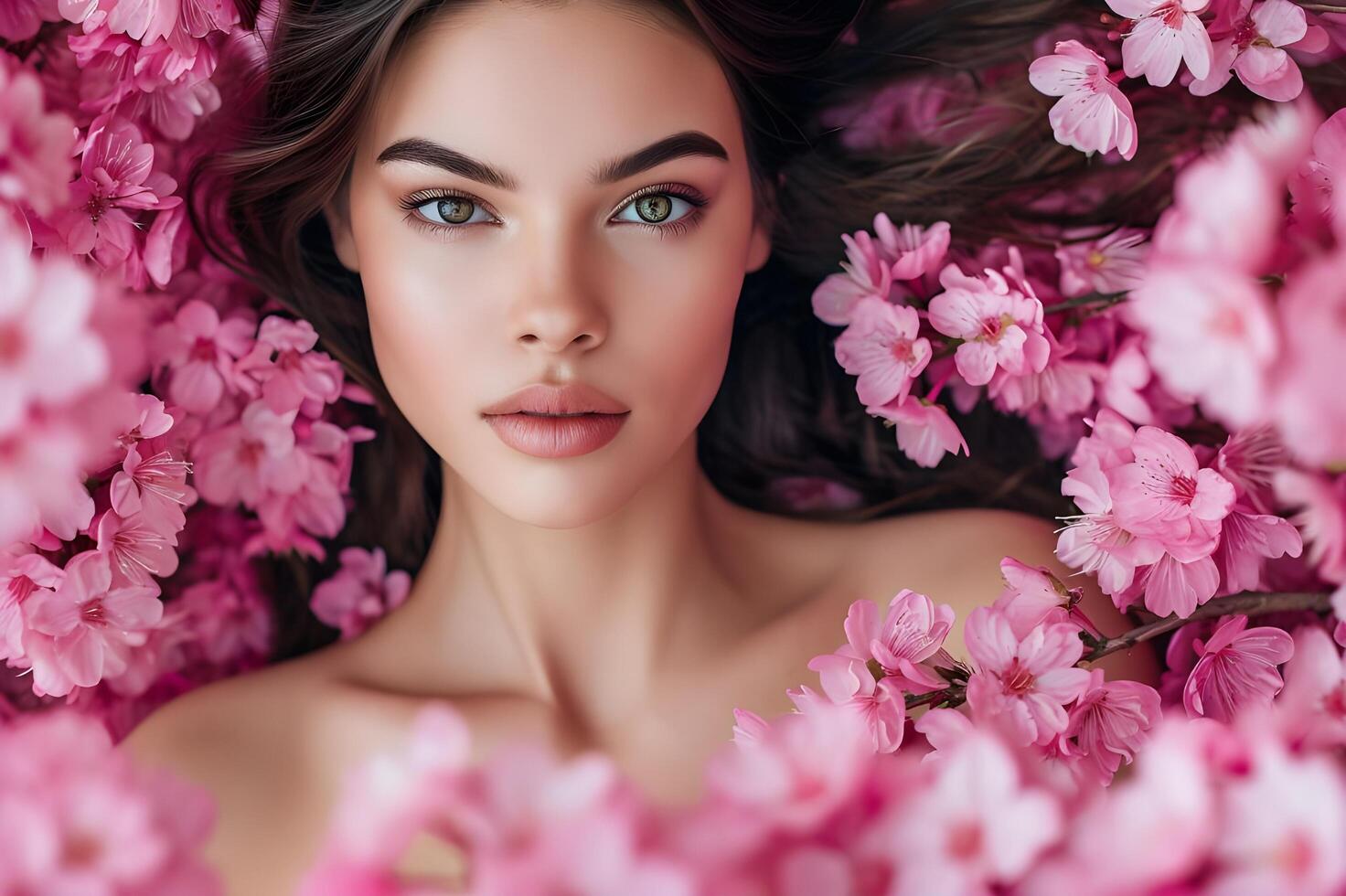 ai generato primavera fioritura bellezza donna nel pastello rosa floreale bandiera foto