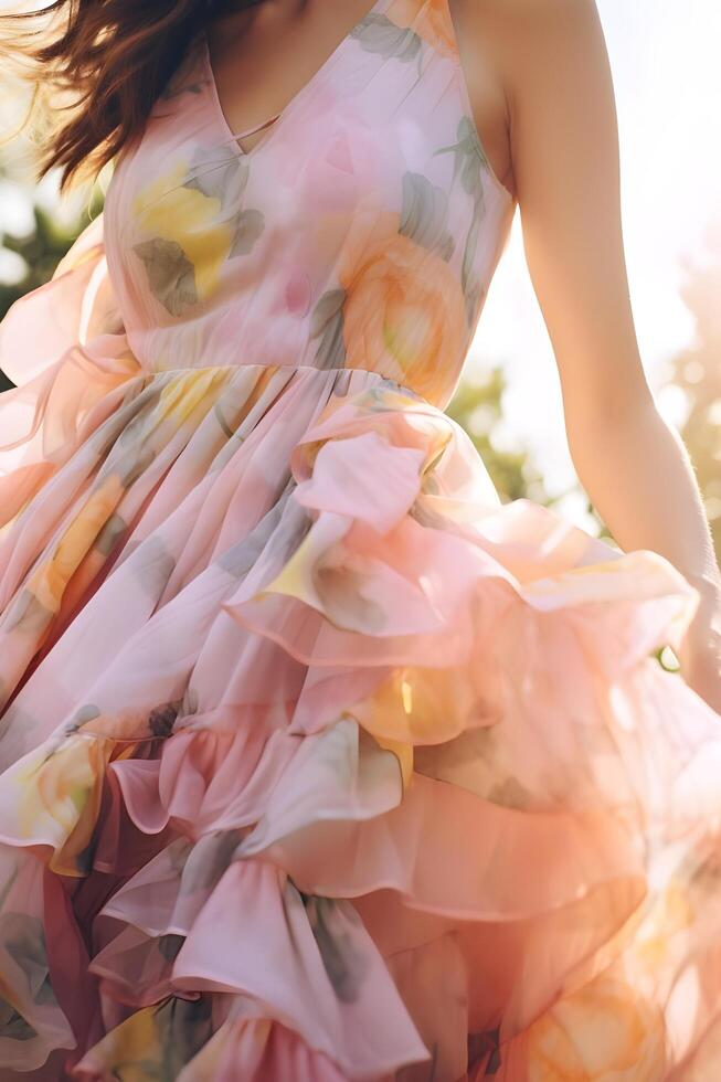 ai generato primavera serata nozze ospite eleganza nel donna di floreale attrezzatura foto