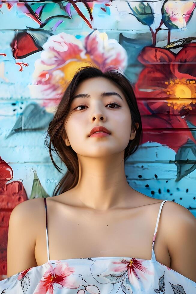 ai generato pastello strada arte eleganza bellissimo ragazza nel un' primavera servizio fotografico foto