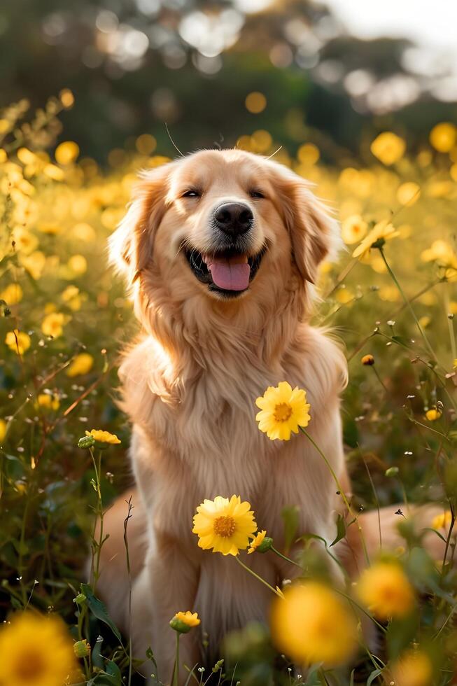 ai generato primavera scodinzolare un' bellissimo bandiera con un' contento cane nel natura foto