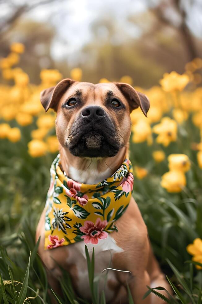 ai generato petalo giocare bellissimo primavera bandiera cattura il gioia di un' contento cane foto