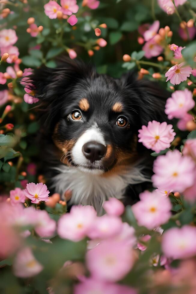 ai generato petalo giocare bellissimo primavera bandiera cattura il gioia di un' contento cane foto