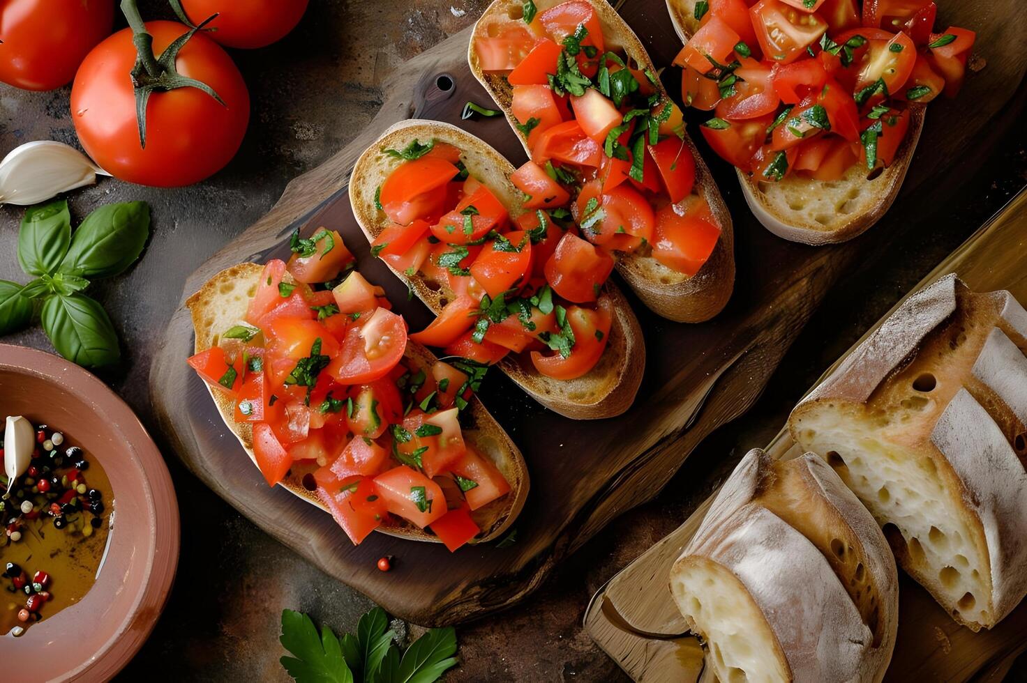 ai generato pomodoro crostini diletto padella con tomate con un' rustico popolare fiuto foto