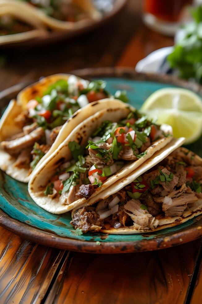 ai generato Carnitas fiesta tacos su un' tradizionale popolare ceramica piatto foto