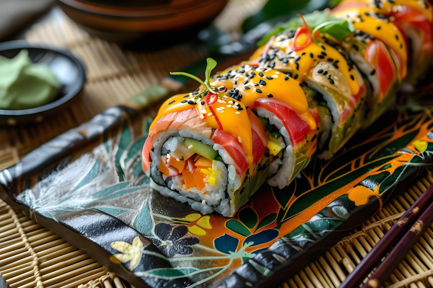 ai generato nikkei fusione arte assaporando Sushi rotoli con aji amarillo Salsa aioli foto