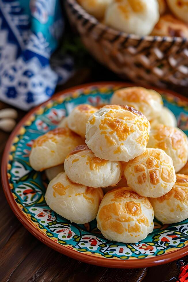 ai generato brasiliano formaggio pane abilità artistica nel in stile folk presentazione foto