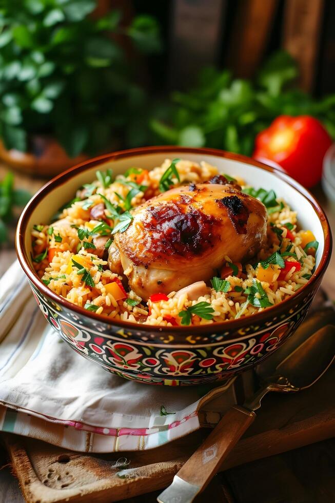 ai generato brasiliano comfort pollo e riso arroz com Frango nel fantasia popolare ciotola foto