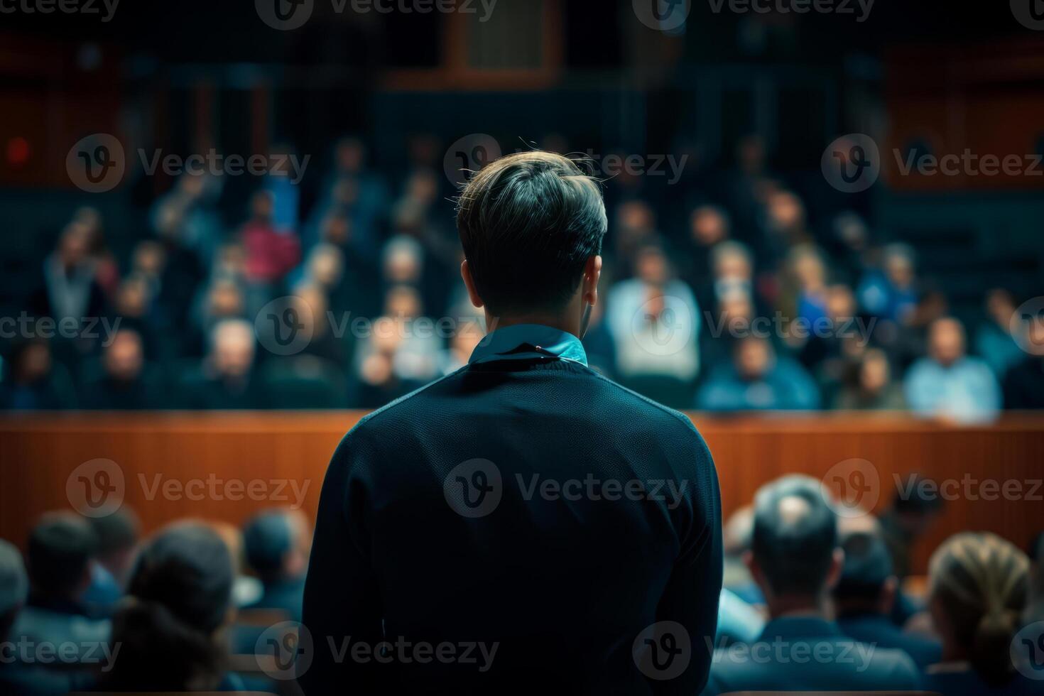 ai generato altoparlante dando un' parlare nel conferenza sala a attività commerciale evento. altoparlante a attività commerciale conferenza e presentazione. generativo ai foto