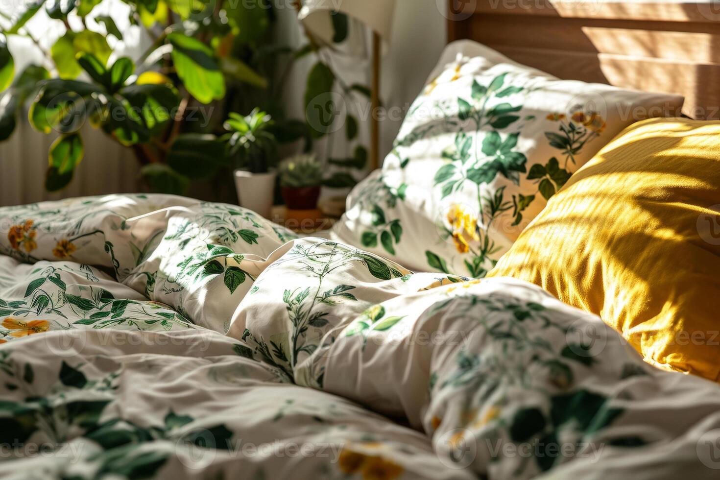 ai generato Camera da letto con botanico Stampa biancheria da letto nel verde e giallo toni. primavera concetto. generativo ai foto