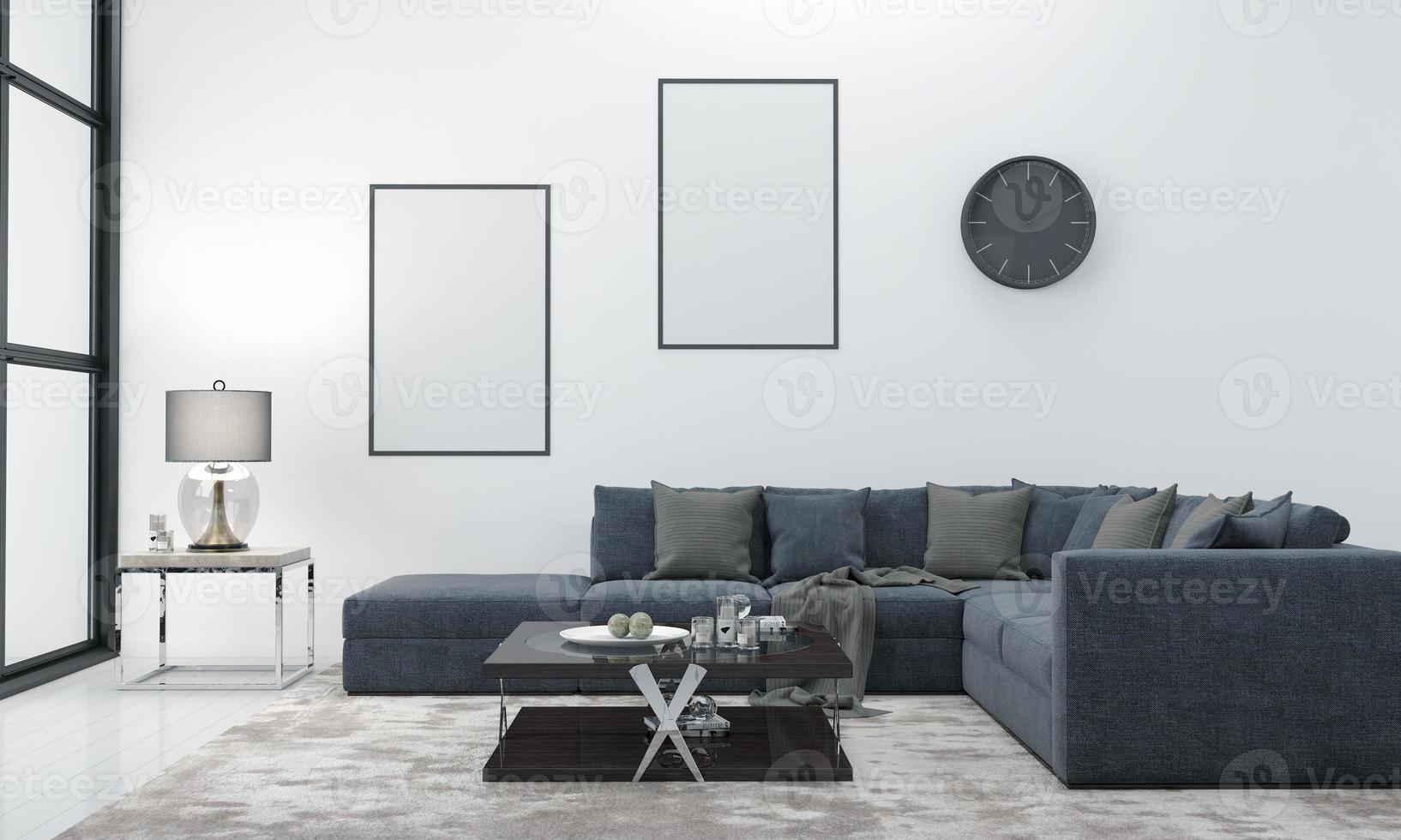 mockup realistico 3d reso interno del soggiorno moderno con divano - divano e tavolo foto