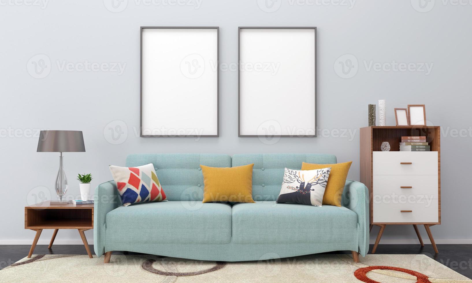 mockup realistico 3d reso interno del soggiorno moderno con divano - divano e tavolo foto