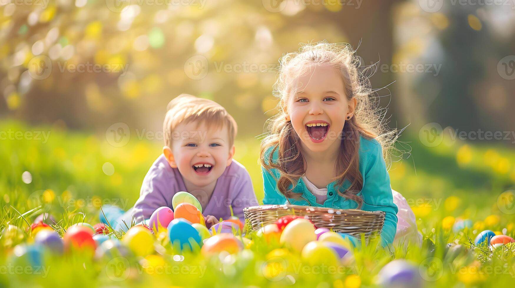 ai generato Due gioioso bambini raccolta colorato Pasqua uova nel il cestino nel il giardino su un' soleggiato giorno. foto