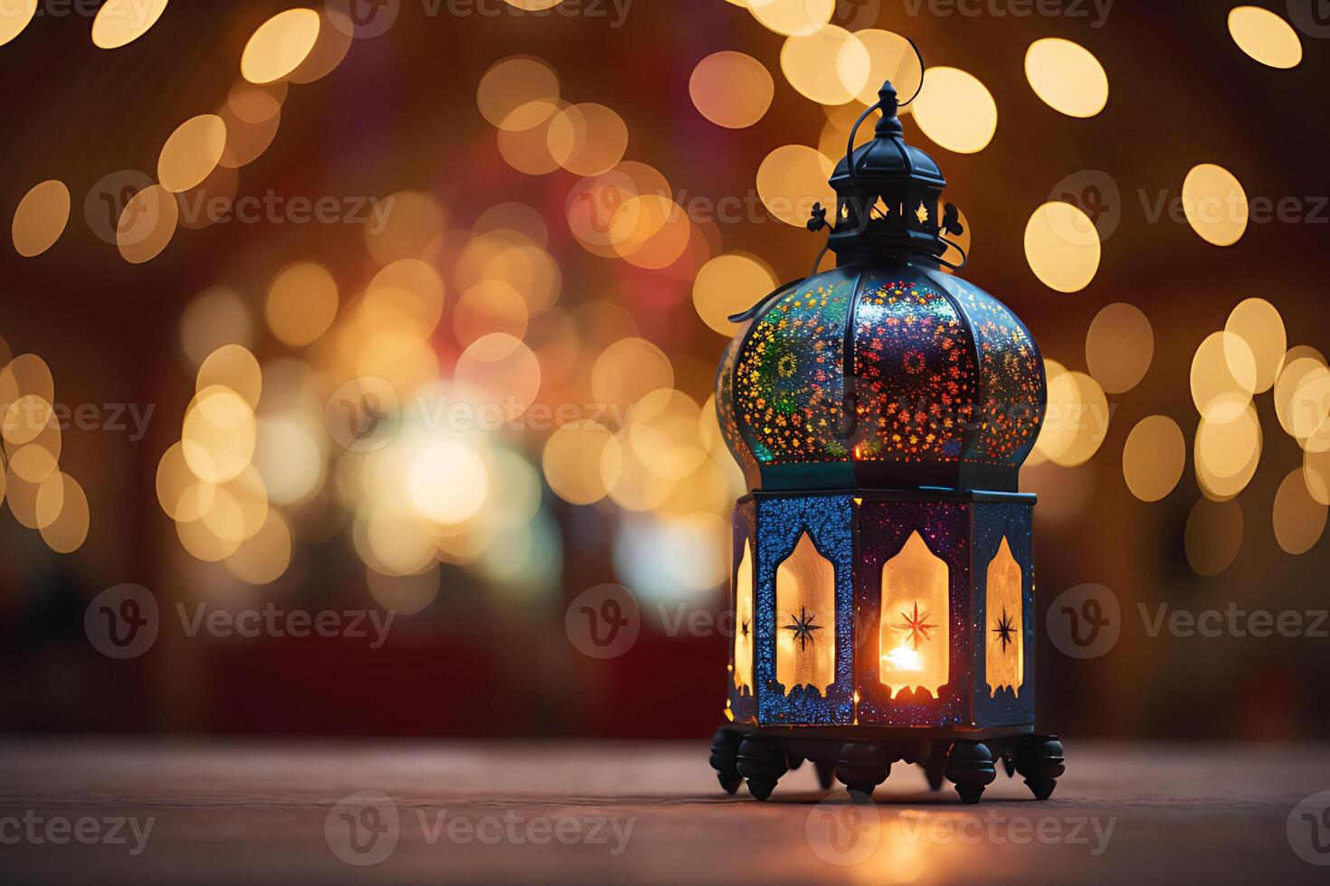 un islamico lampada o Arabo lanterna decorato con un' illuminato candela nel un' festivo invito carta per il santo mese di Ramadan foto