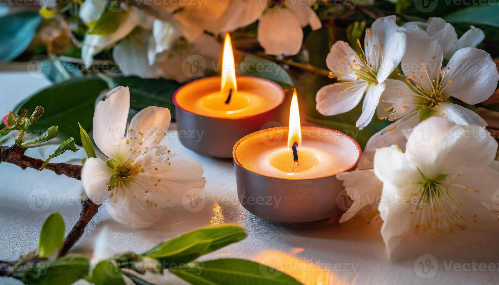 ai generato illuminato candele in mezzo fioritura bianca fiori, evocando un' sereno e mistico ambiance foto