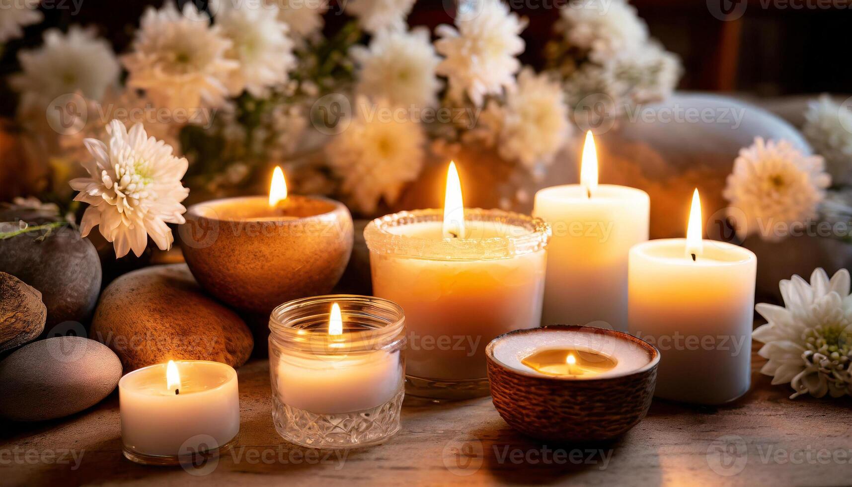 ai generato un' sereno ambientazione di illuminato candele circondato di delicato bianca fiori, ideale per rilassamento e arredamento temi foto