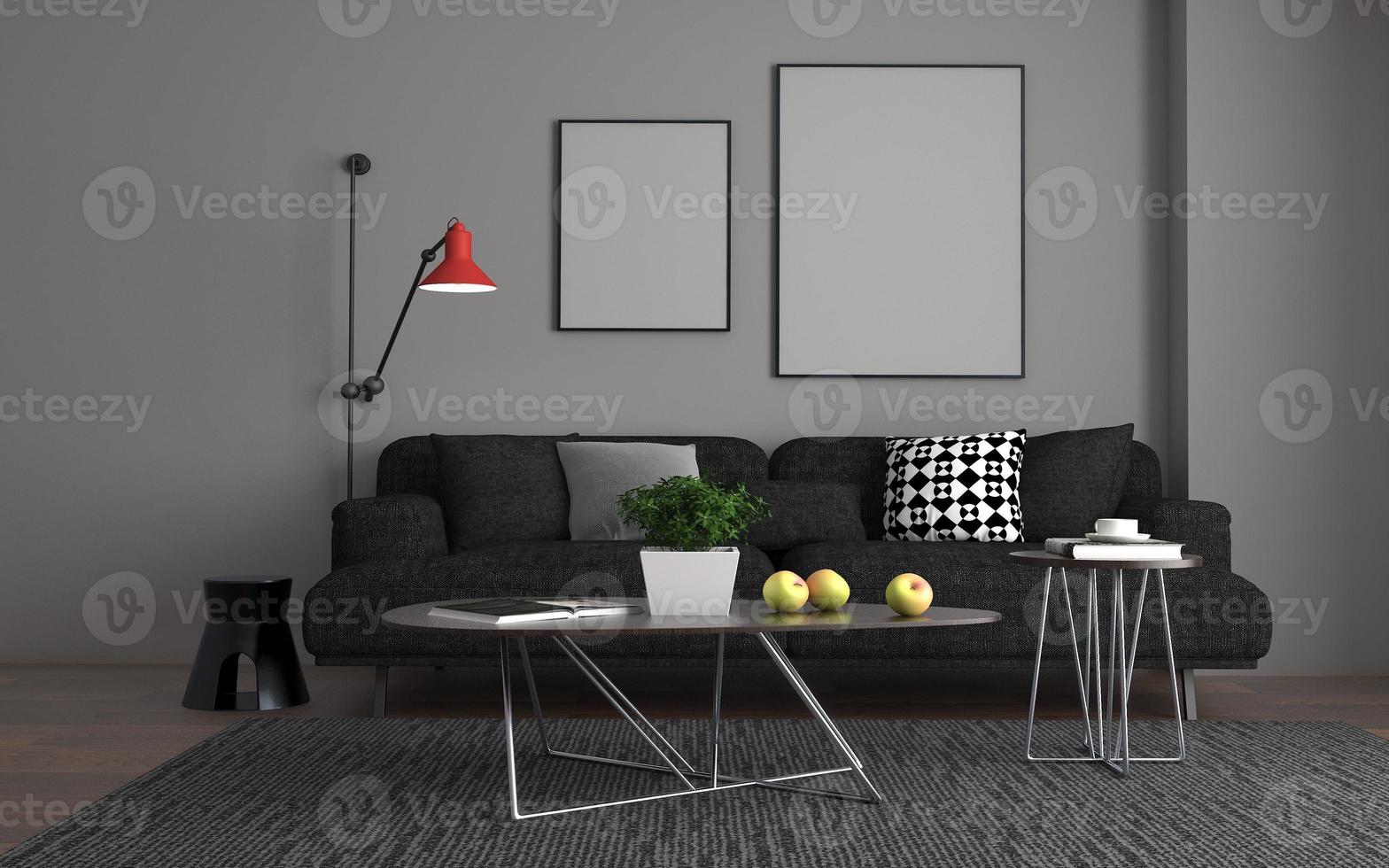 3d reso del soggiorno moderno interno con divano - divano e tavolo realistico mockup foto