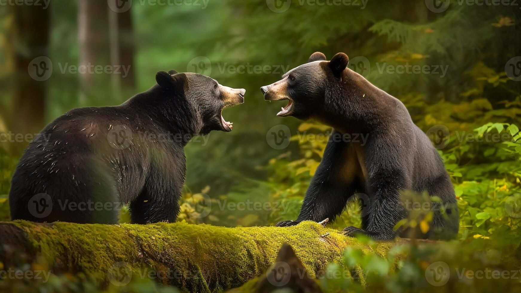 ai generato Due nero orsi combattimento nel il foresta. natura scena a partire dal natura. foto