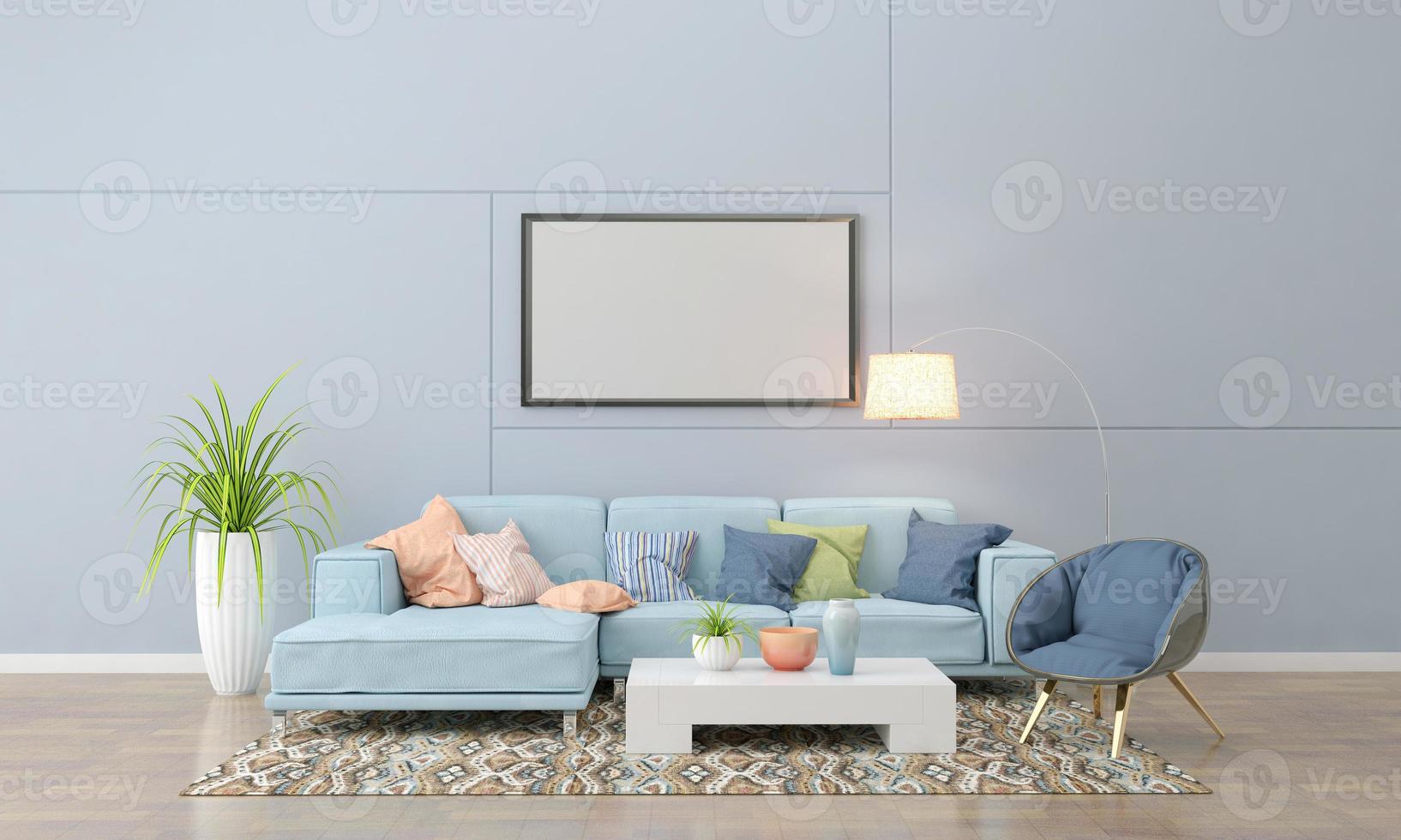 mockup realistico 3d reso interno del soggiorno moderno con divano - divano e tavolo foto