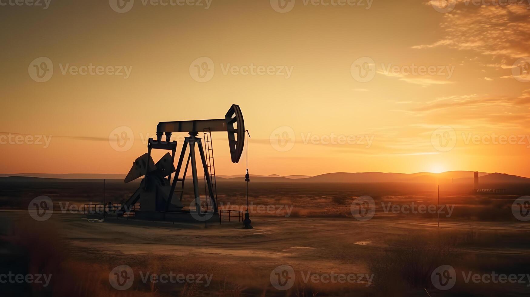 ai generato foto di greggio olio pumpjack impianto a tramonto. concetto arte di olio produzione o problemi di natura protezione