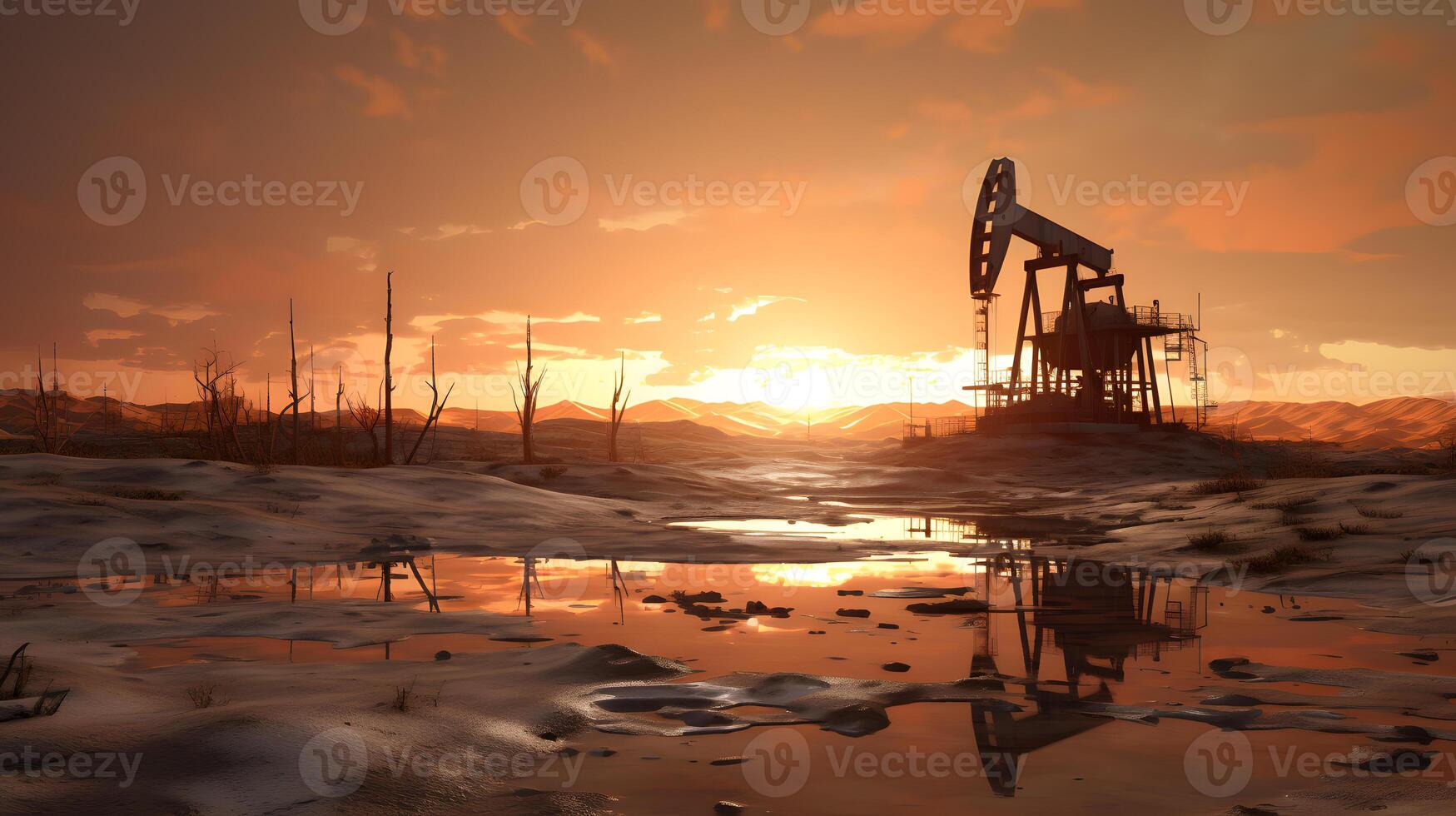 ai generato foto di greggio olio pumpjack impianto a tramonto. concetto arte di olio produzione o problemi di natura protezione