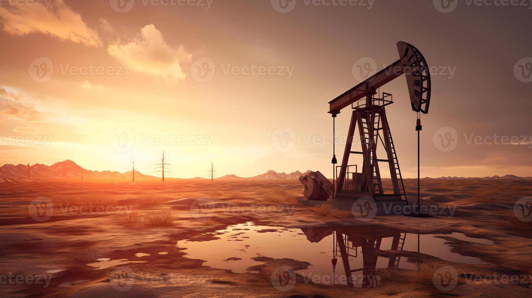 ai generato foto di greggio olio pumpjack impianto a tramonto. concetto arte di olio produzione o problemi di natura protezione