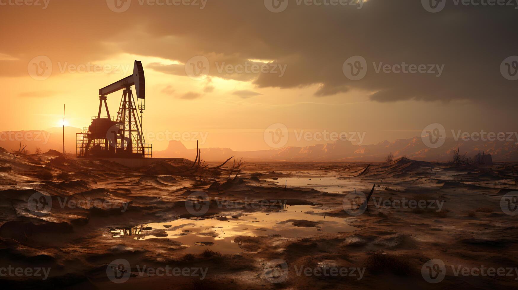 ai generato foto di greggio olio pumpjack impianto a tramonto. concetto arte di olio produzione o problemi di natura protezione