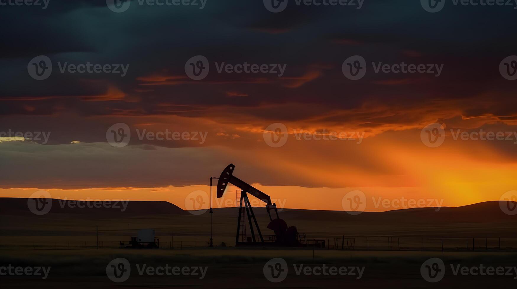 ai generato foto di greggio olio pumpjack impianto a tramonto. concetto arte di olio produzione o problemi di natura protezione