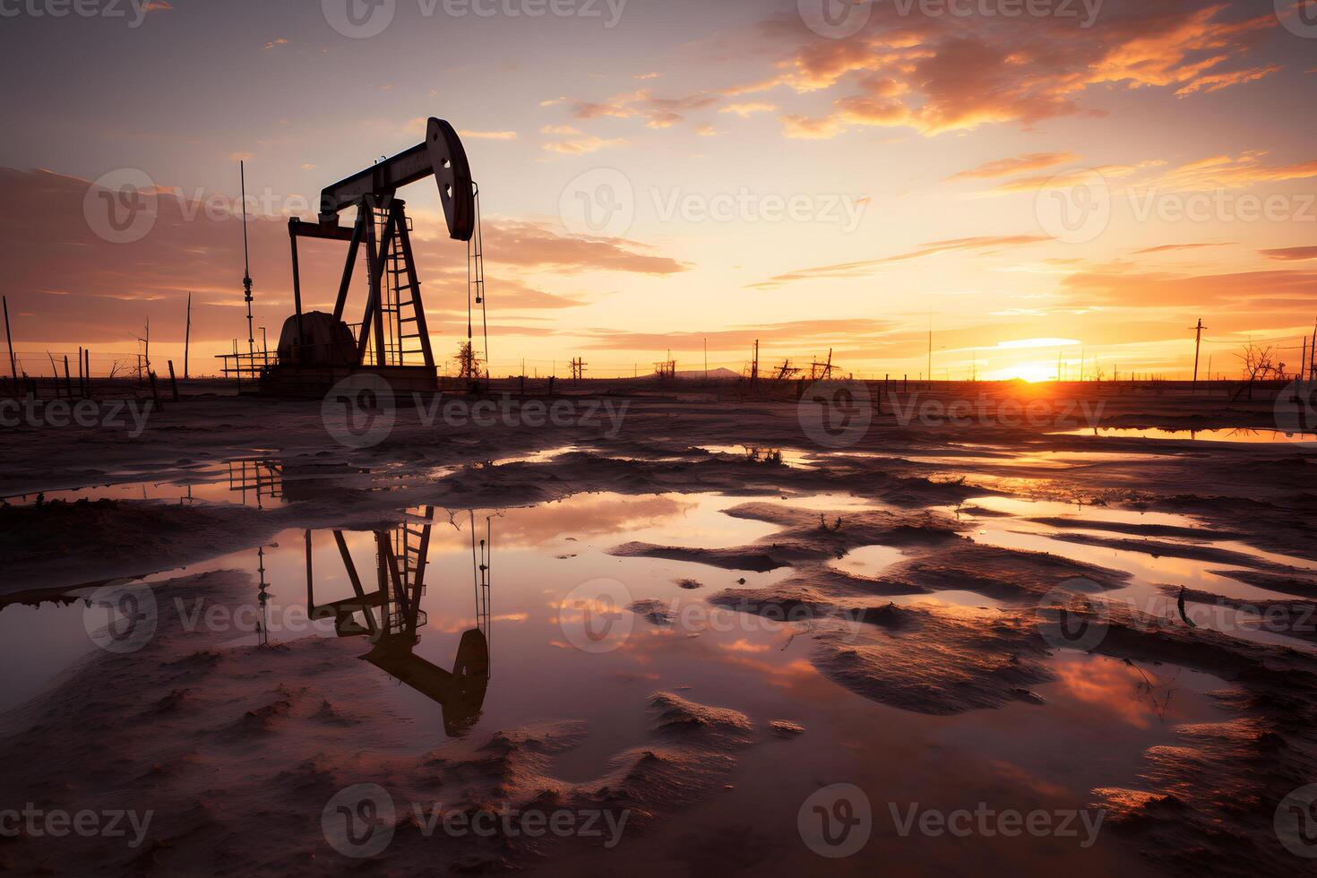 ai generato foto di greggio olio pumpjack impianto a tramonto. concetto arte di olio produzione o problemi di natura protezione