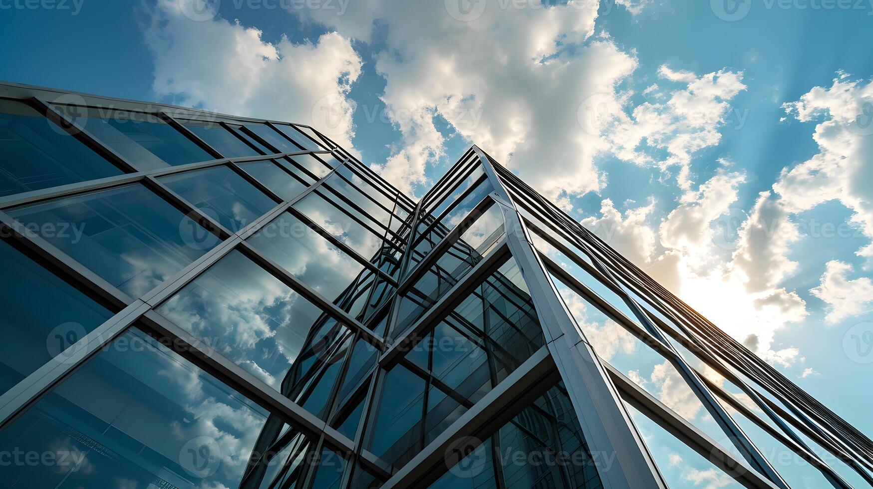 ai generato Basso angolo foto di vetrato attività commerciale centro con cielo Visualizza nel il mezzo di giorno. attività commerciale foto concetto