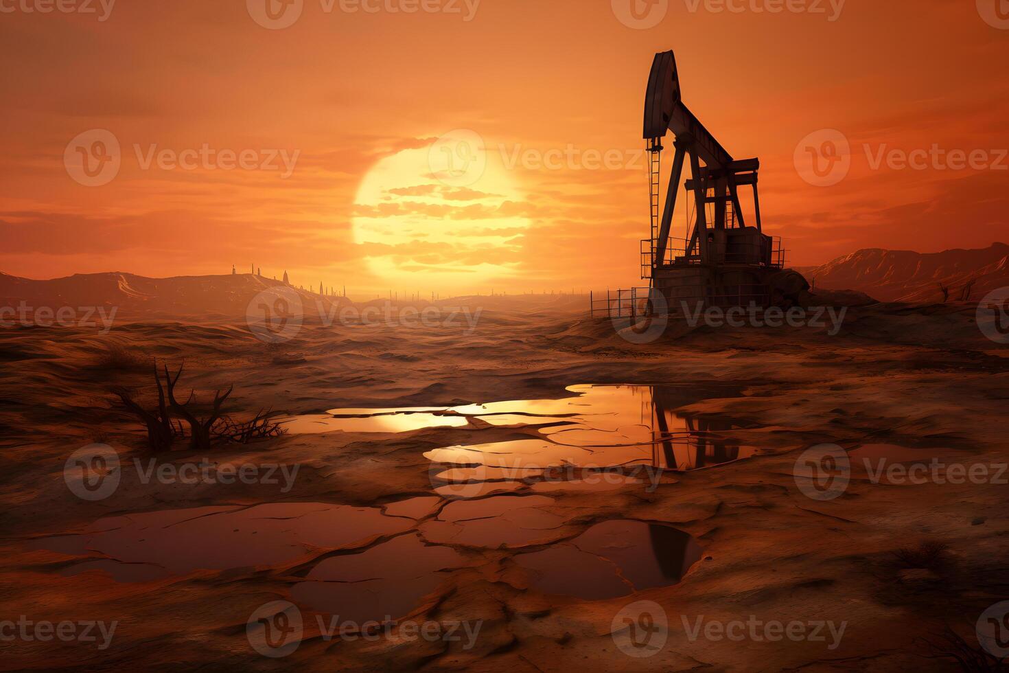 ai generato foto di greggio olio pumpjack impianto a tramonto. concetto arte di olio produzione o problemi di natura protezione