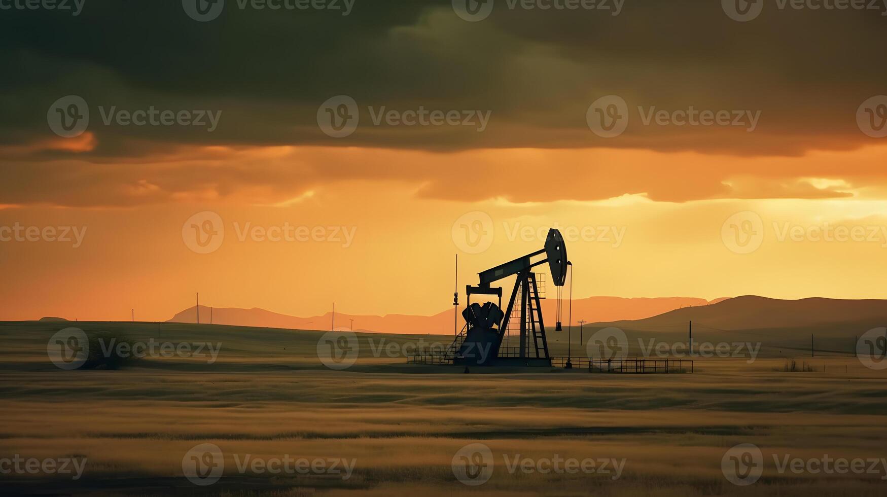 ai generato foto di greggio olio pumpjack impianto a tramonto. concetto arte di olio produzione o problemi di natura protezione