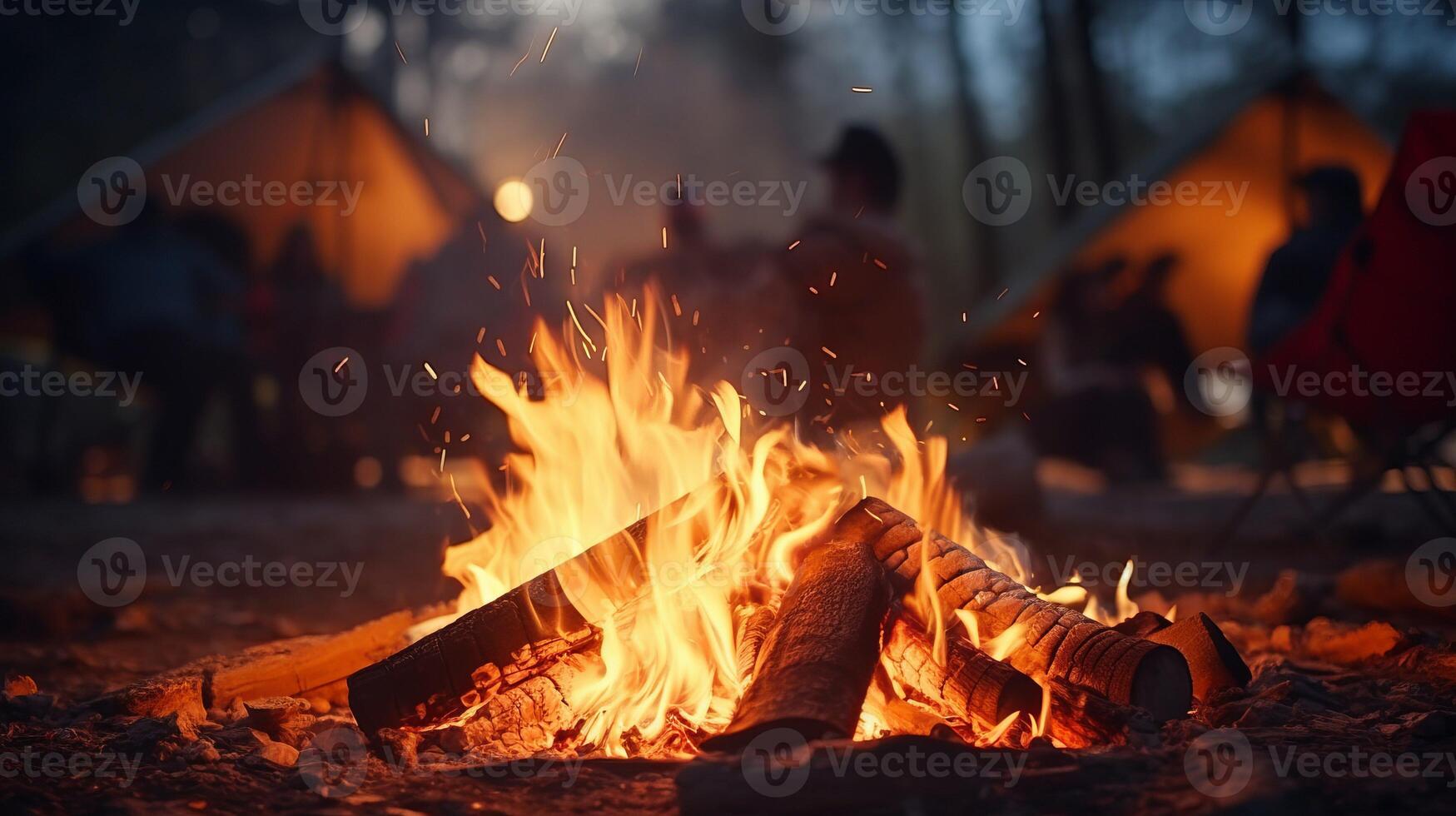 ai generato caldo accogliente fuoco di bivacco fiamme danza nel crepuscolo con tenda campeggio sfondo invitante atmosfera per campeggio foto