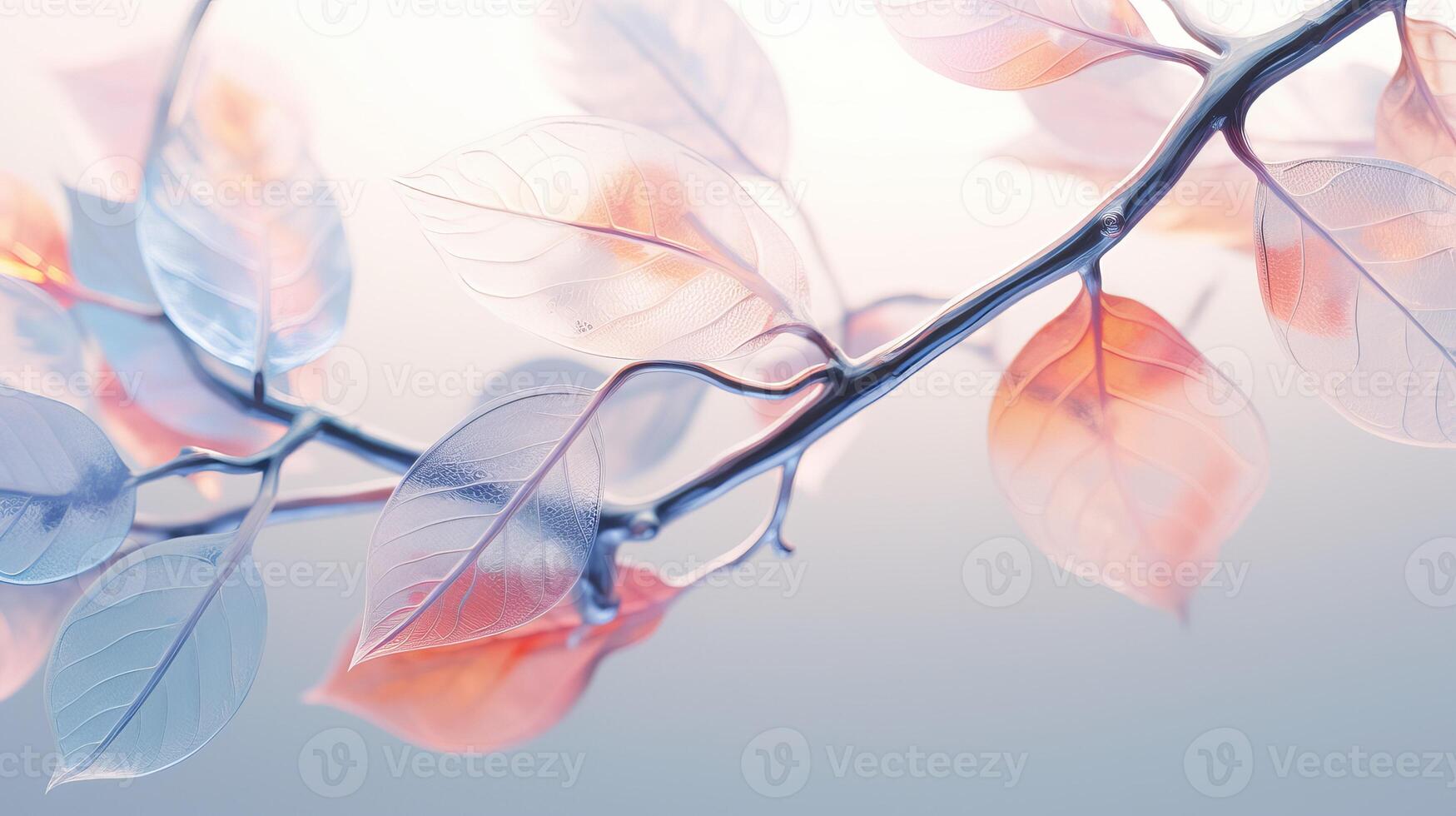 ai generato multicolore traslucido ghiaccio le foglie su albero ramo nel delicato morbido leggero evocando senso di soggezione foto