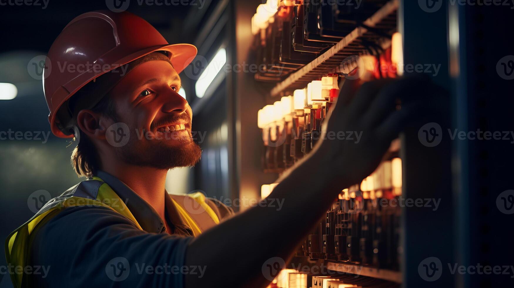 ai generato sorridente elettricista, bello e abile, risolve i problemi interruttore pannello foto