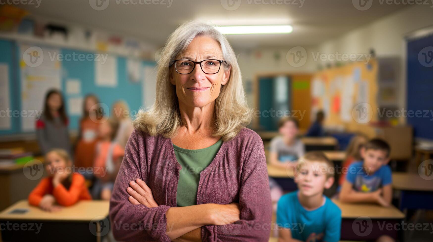 ai generato ritratto di mezzo anziano femmina insegnante sorrisi con braccia attraversato nel aula pieno di bambini foto