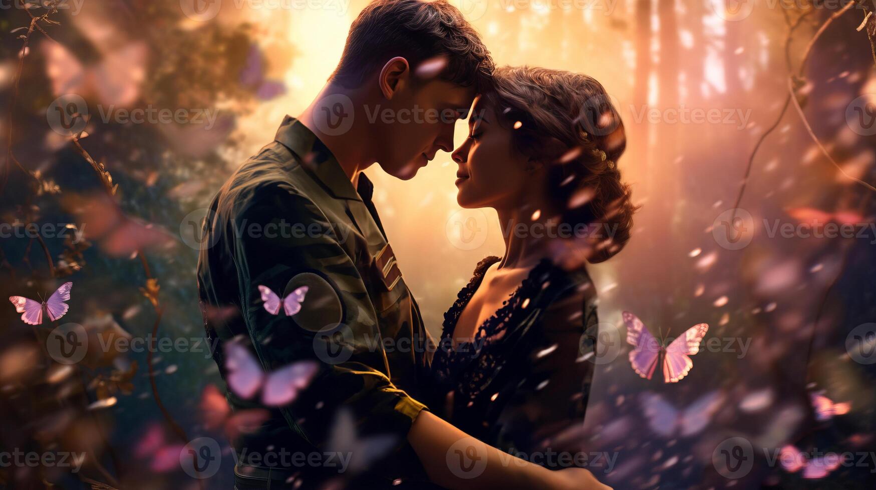 ai generato soldato detiene il suo Amati ragazza strettamente, amorevole coppia circondato di svolazzanti farfalle nel natura foto