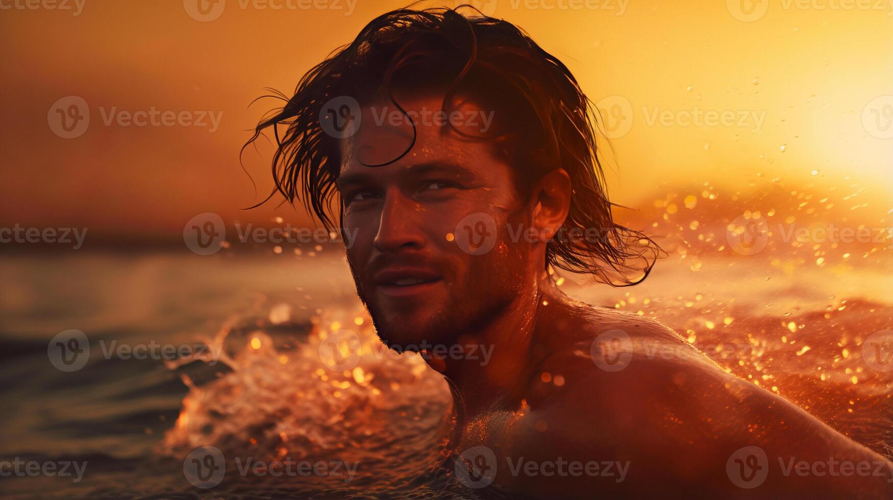 ai generato vicino su di attraente uomo nuoto nel mare a d'oro caldo splendore di tramonto circondato di mare spray foto