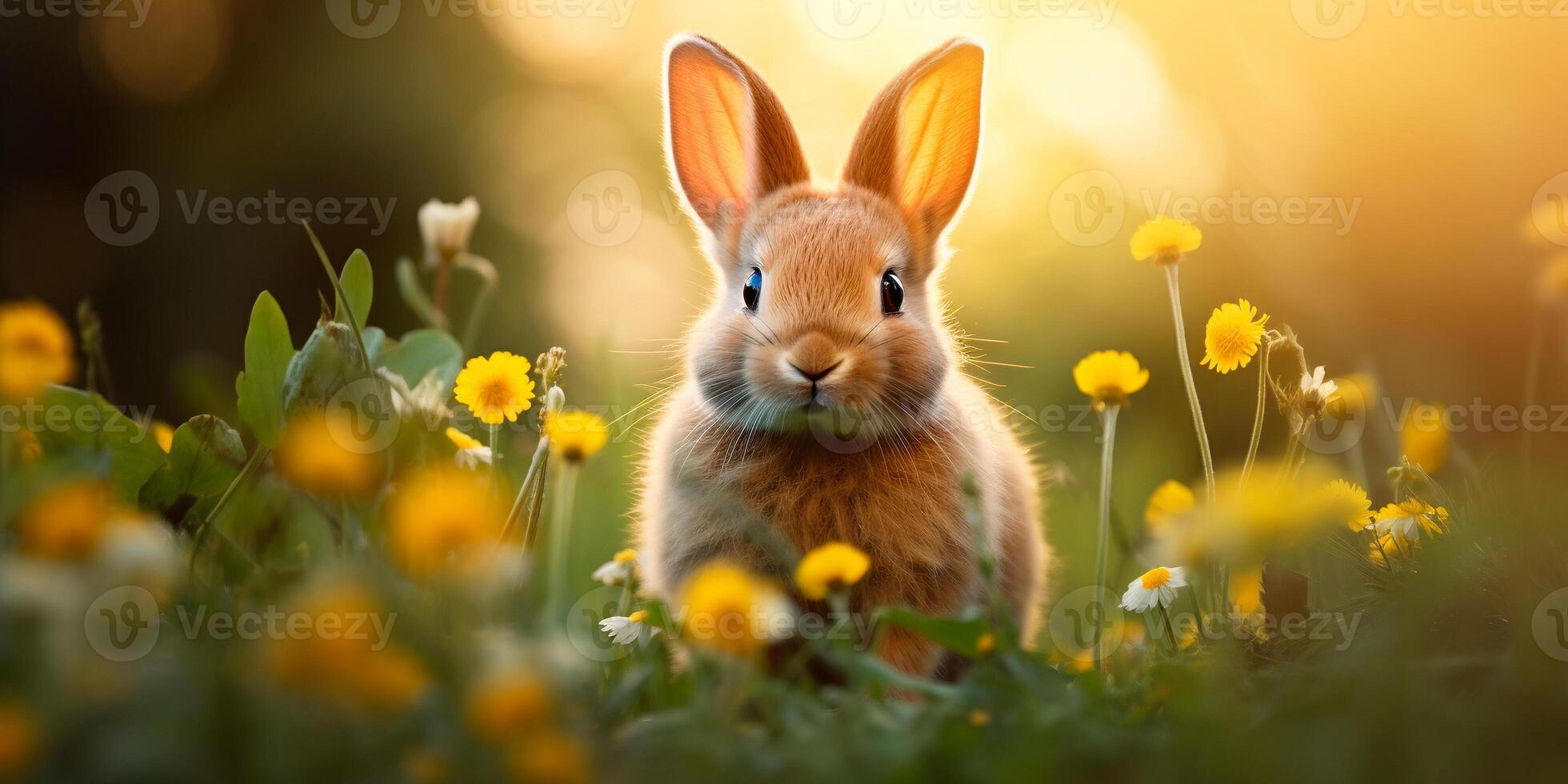 ai generato Marrone carino coniglietto nel il erba e giallo fiori, sfondo, copia spazio foto