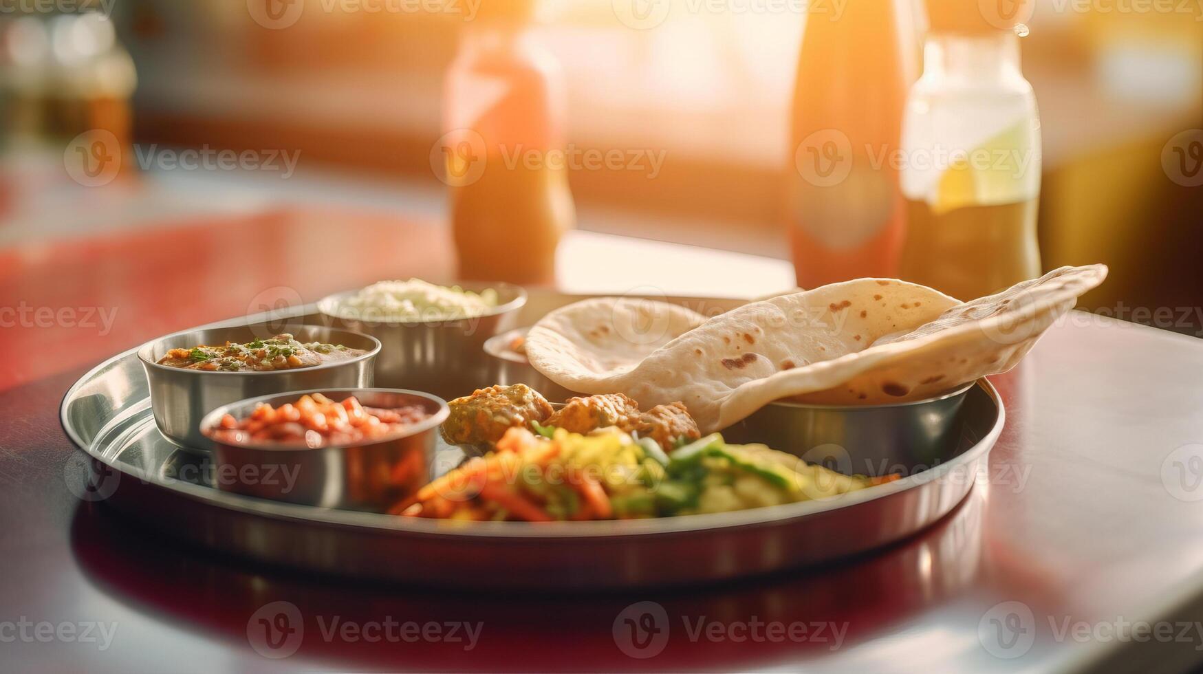 ai generato sbalorditivo delizioso indiano thali piatto sinfonia di spezie e sapori, thali grazie bar tavolo foto