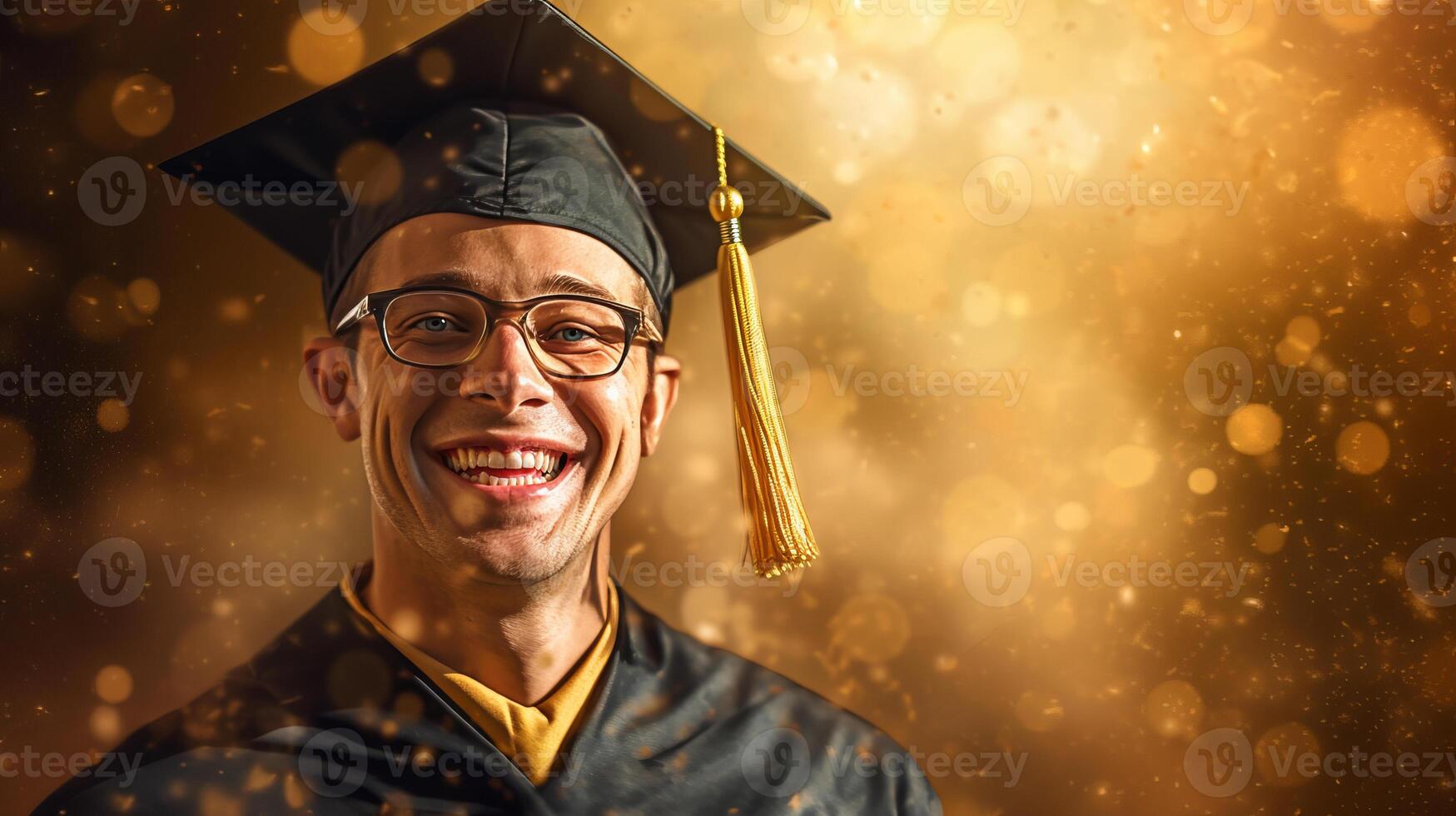 ai generato contento giovane uomo indossare la laurea berretto e abito, sorridente giovane tipo travi con felicità foto